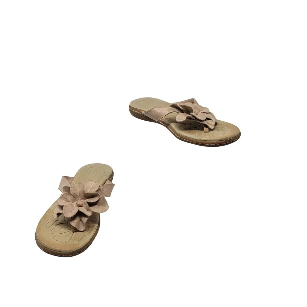 B.O.C.‎ Faux Vegan Leather Flip Flop Sandals 10M  Rose Gold 3D Flower Boho
